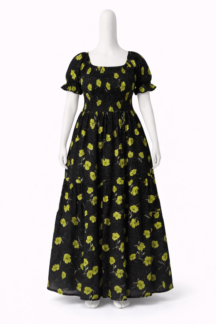 Women's Black & green printed sundress with puff sleeves