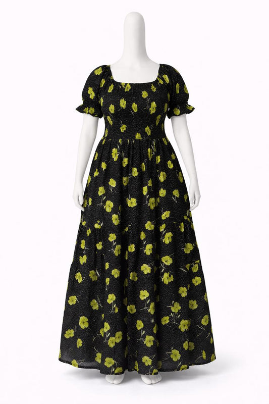 Women's Black & green printed sundress with puff sleeves