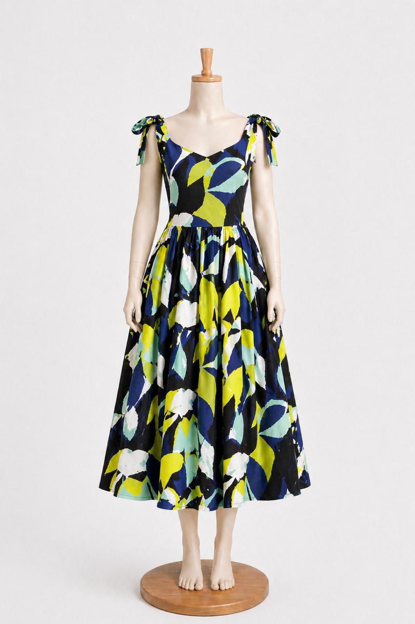 Kids & teens MidNight Lime Abstract Print Summer Midi Dress with shoulder Tie straps & Chest Cup