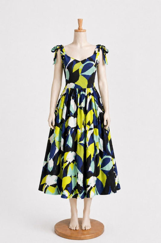 Kids & teens MidNight Lime Abstract Print Summer Midi Dress with shoulder Tie straps & Chest Cup