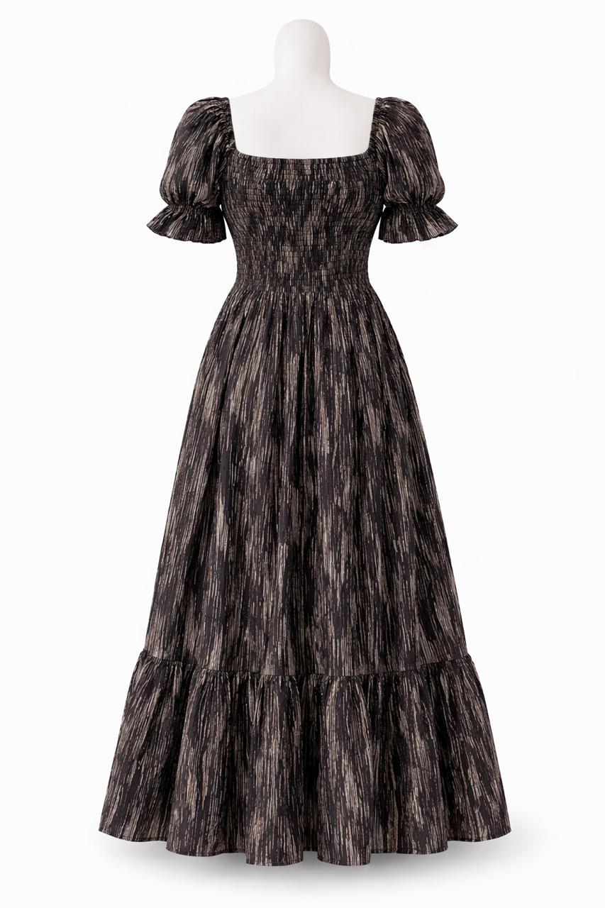 Women's Brown printed sundress with puff sleeves