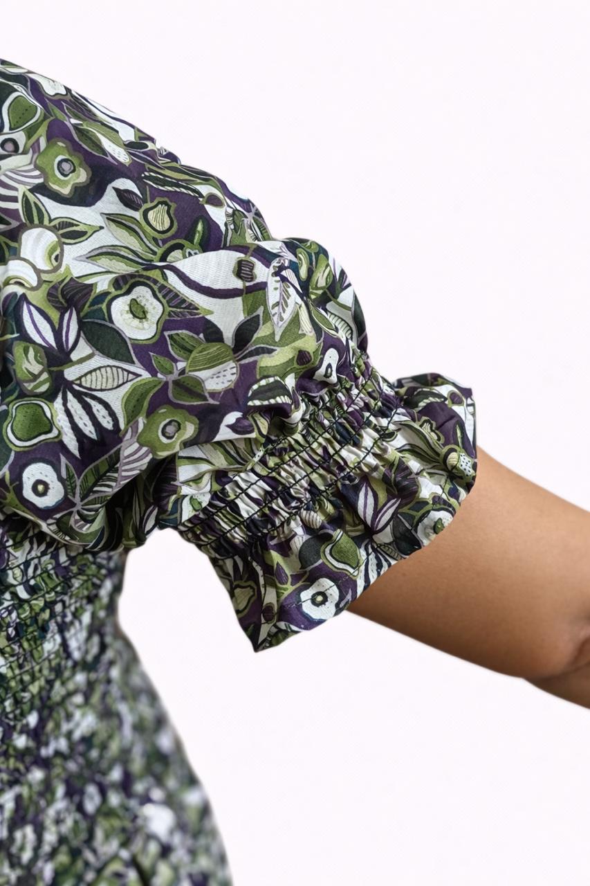 Women's Green printed sundress with puff sleeves