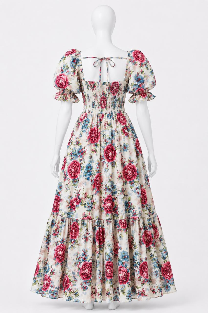 Women's sundress white floral printed with puff sleeves
