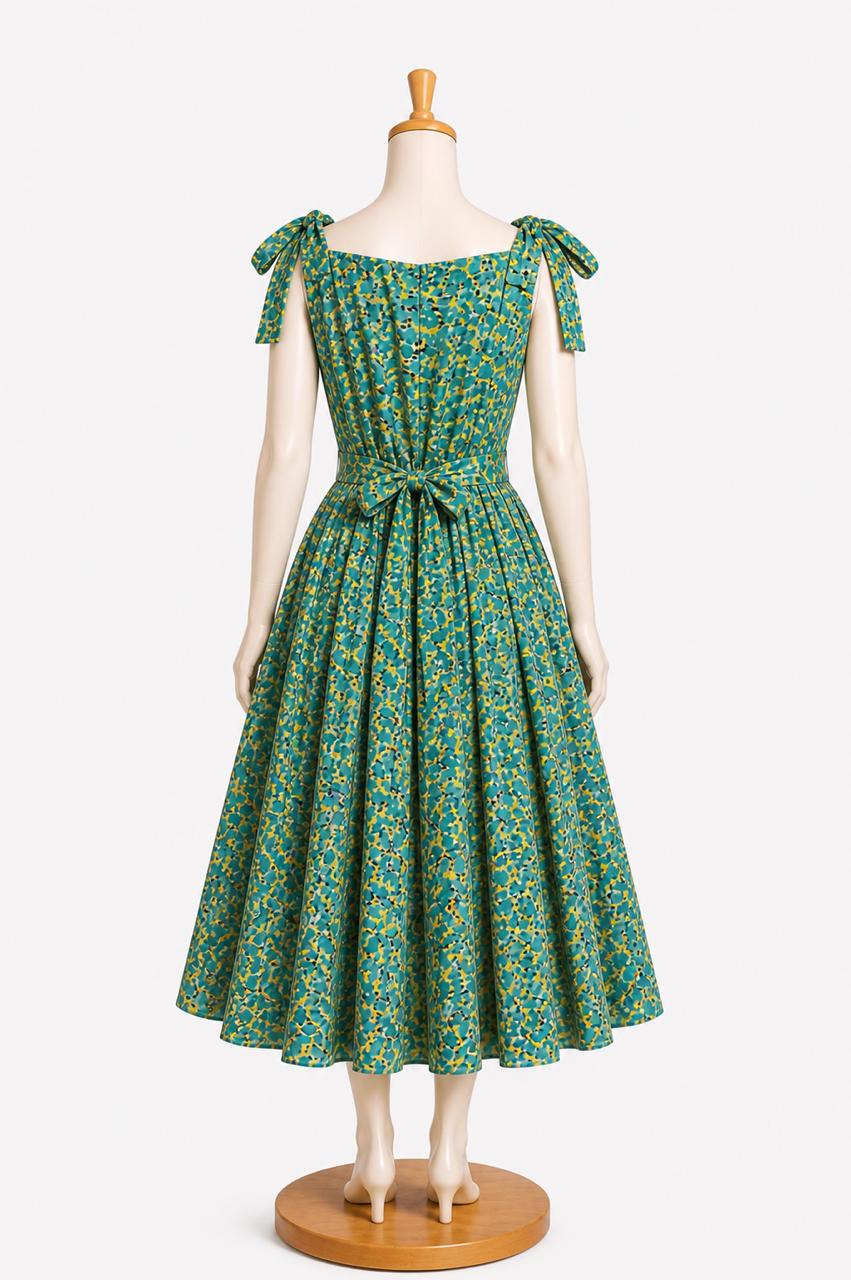 Kids & teens  Sea Green Abstract Printed Summer Midi Dress with shoulder Tie straps & Chest Cup