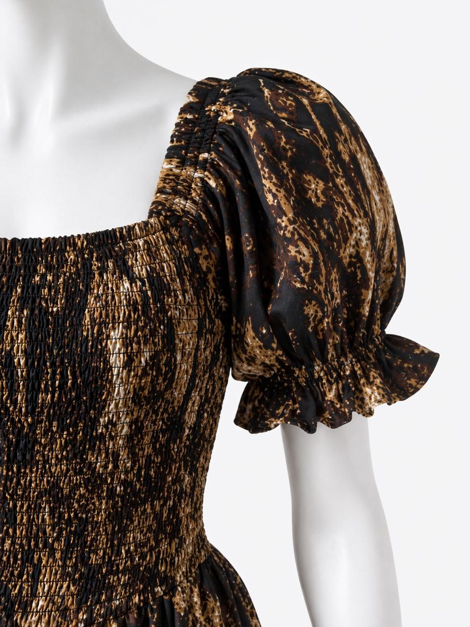 Women's Coffee Brown printed sundress with puff sleeves