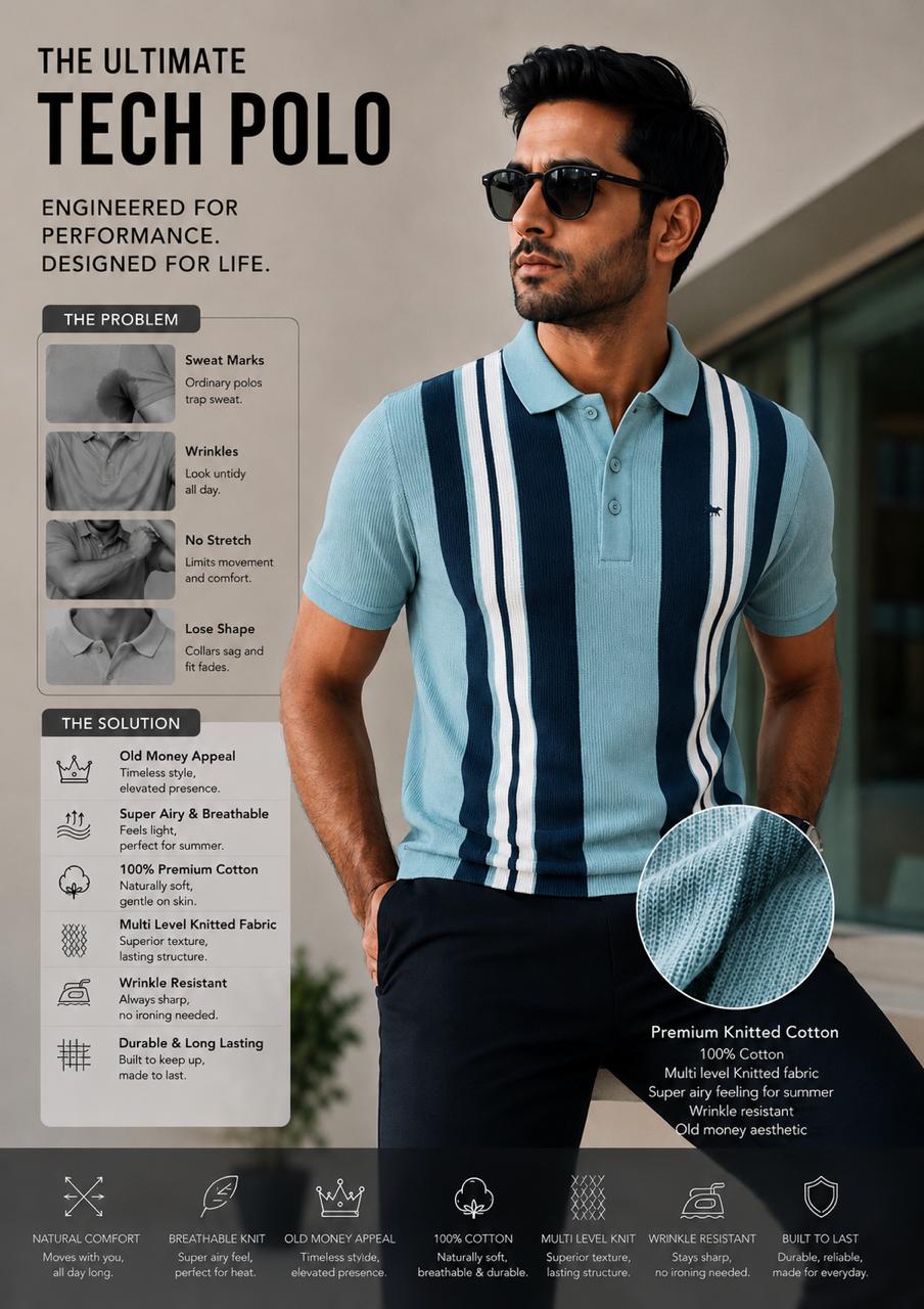 Men’s Aqua Blue Knitted Cotton Polo T-Shirt | Premium Vertical Stripe Polo Tee