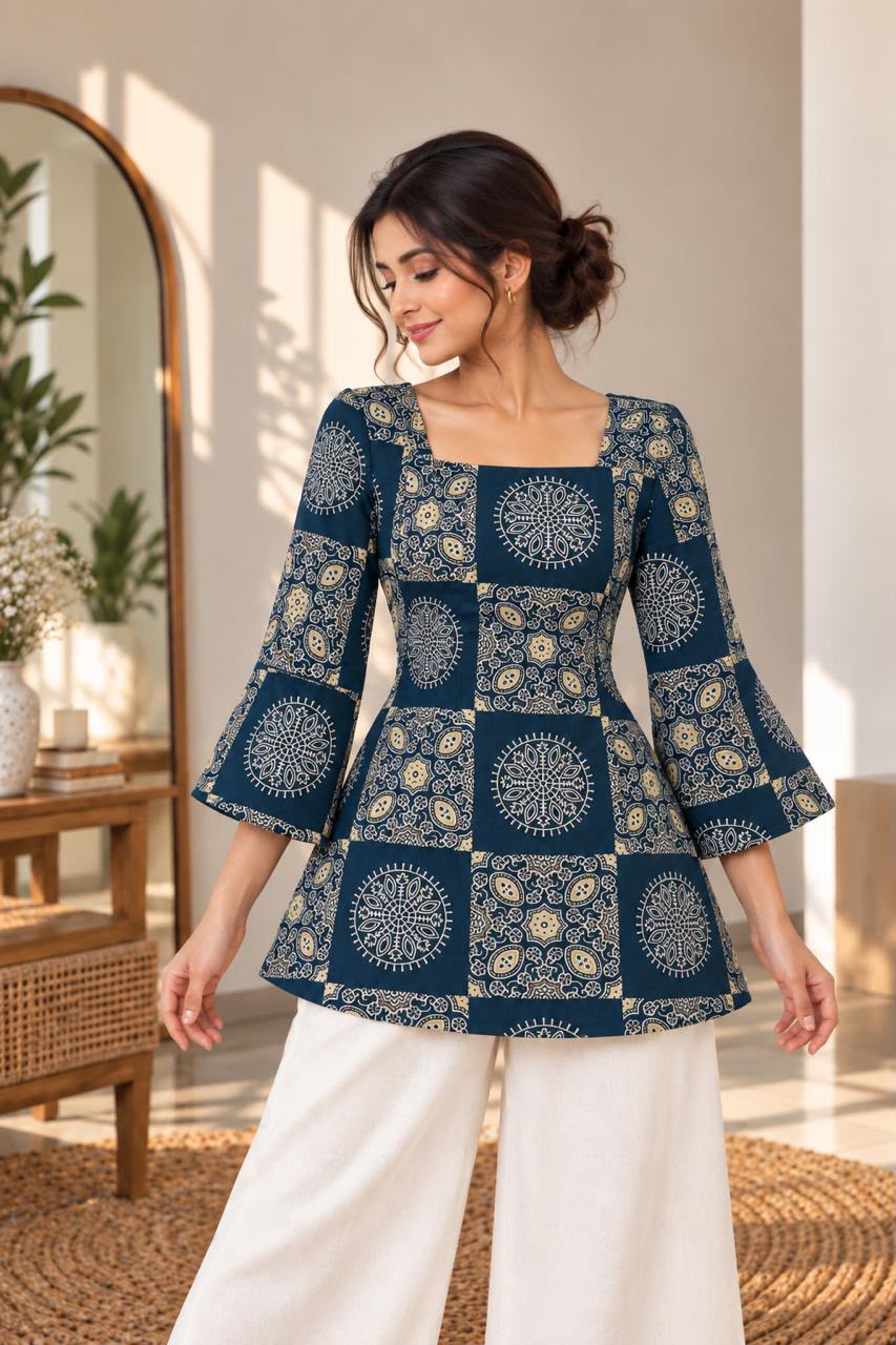 Sapphire blue geometrical Premium 100% Pure Cotton Corset Back Knot Short Kurti | Printed Flared Kurti for Women