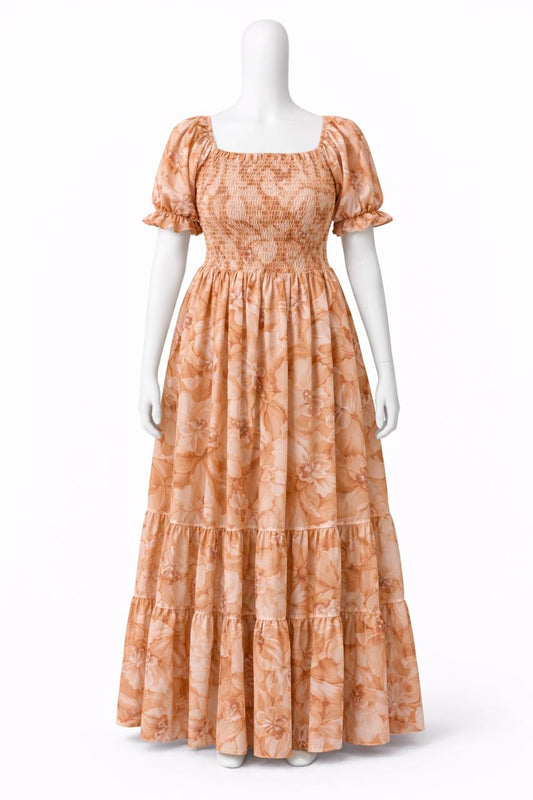 Women's vintage orange printed sundress with puff sleeves