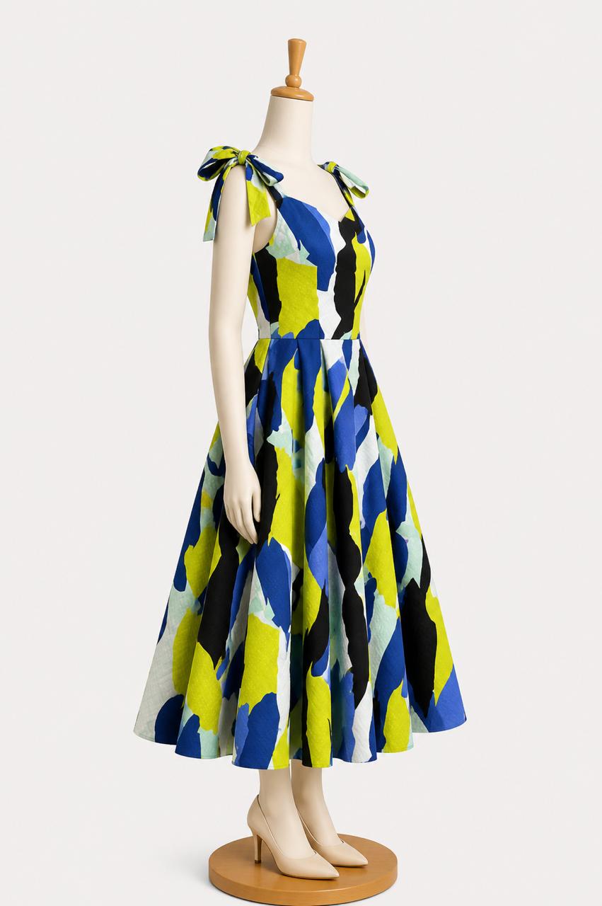 Kids & teens MidNight Lime Abstract Print Summer Midi Dress with shoulder Tie straps & Chest Cup
