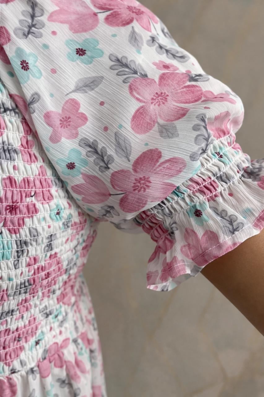 Women's white & pink printed sundress with puff sleeves