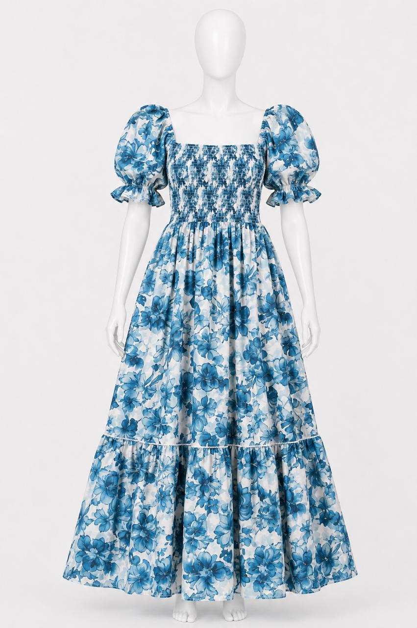 Women's blue printed sundress with puff sleeves