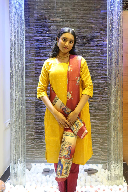 Pure Raw Silk Churidar Set with Kalamkari Dupatta & Pant