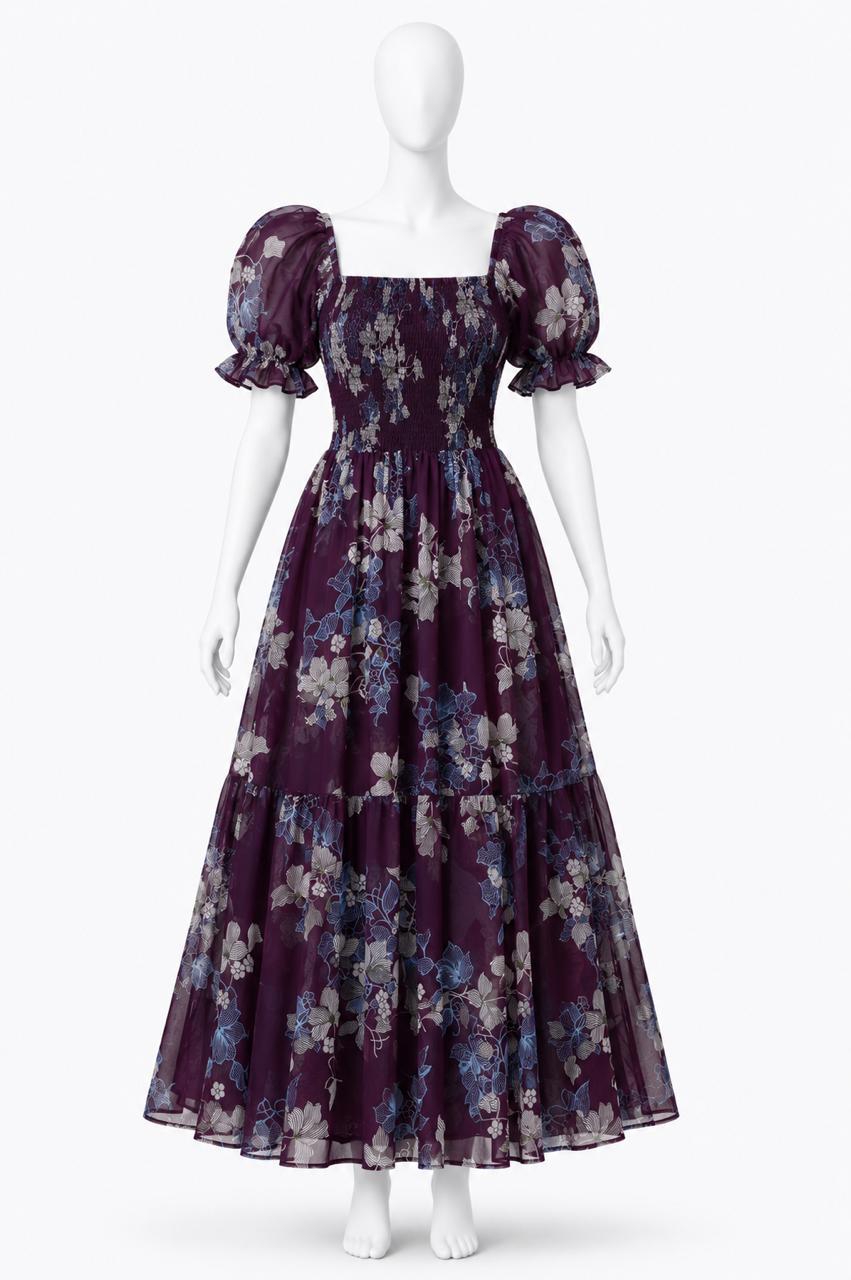 Women's deep wine floral printed sundress with puff sleeves