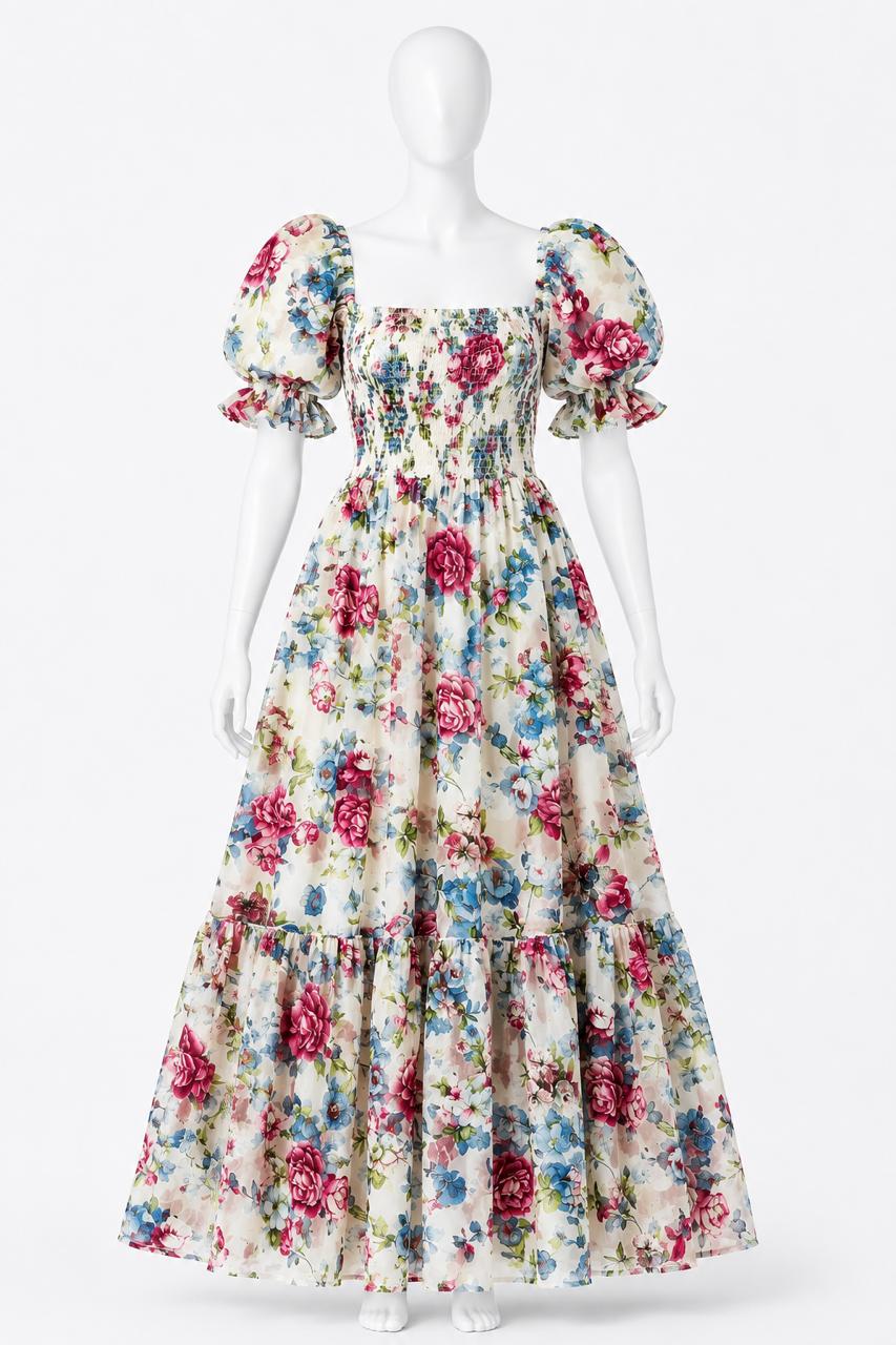 Women's sundress white floral printed with puff sleeves