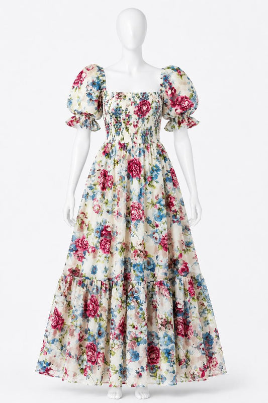 Women's sundress white floral printed with puff sleeves