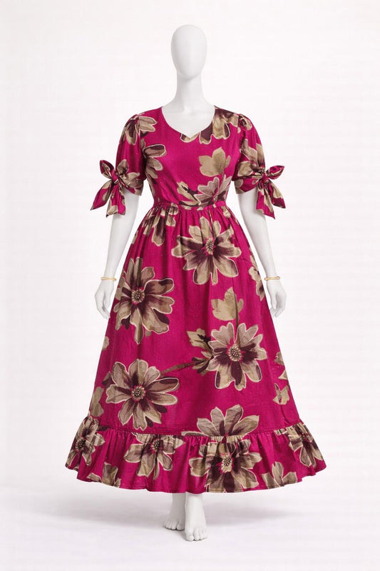 Women's pink floral printed maxi dress with puff sleeves tie up dress
