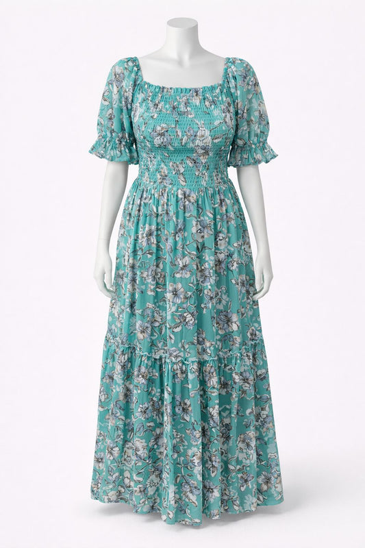 Women's aqua green printed sundress with puff sleeves