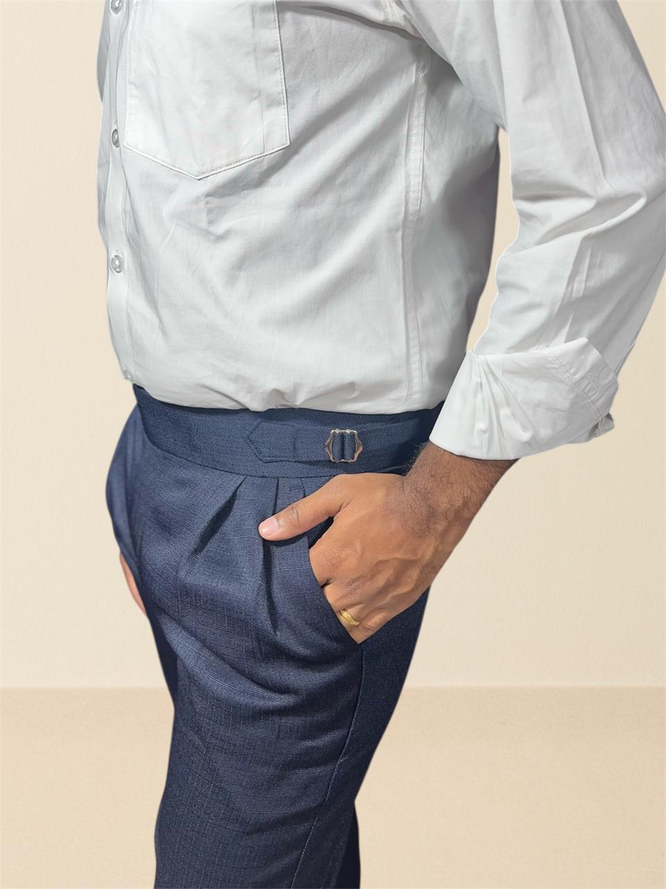 Navy Blue Double -Buckle Linen Textured Gurkha pants for Men