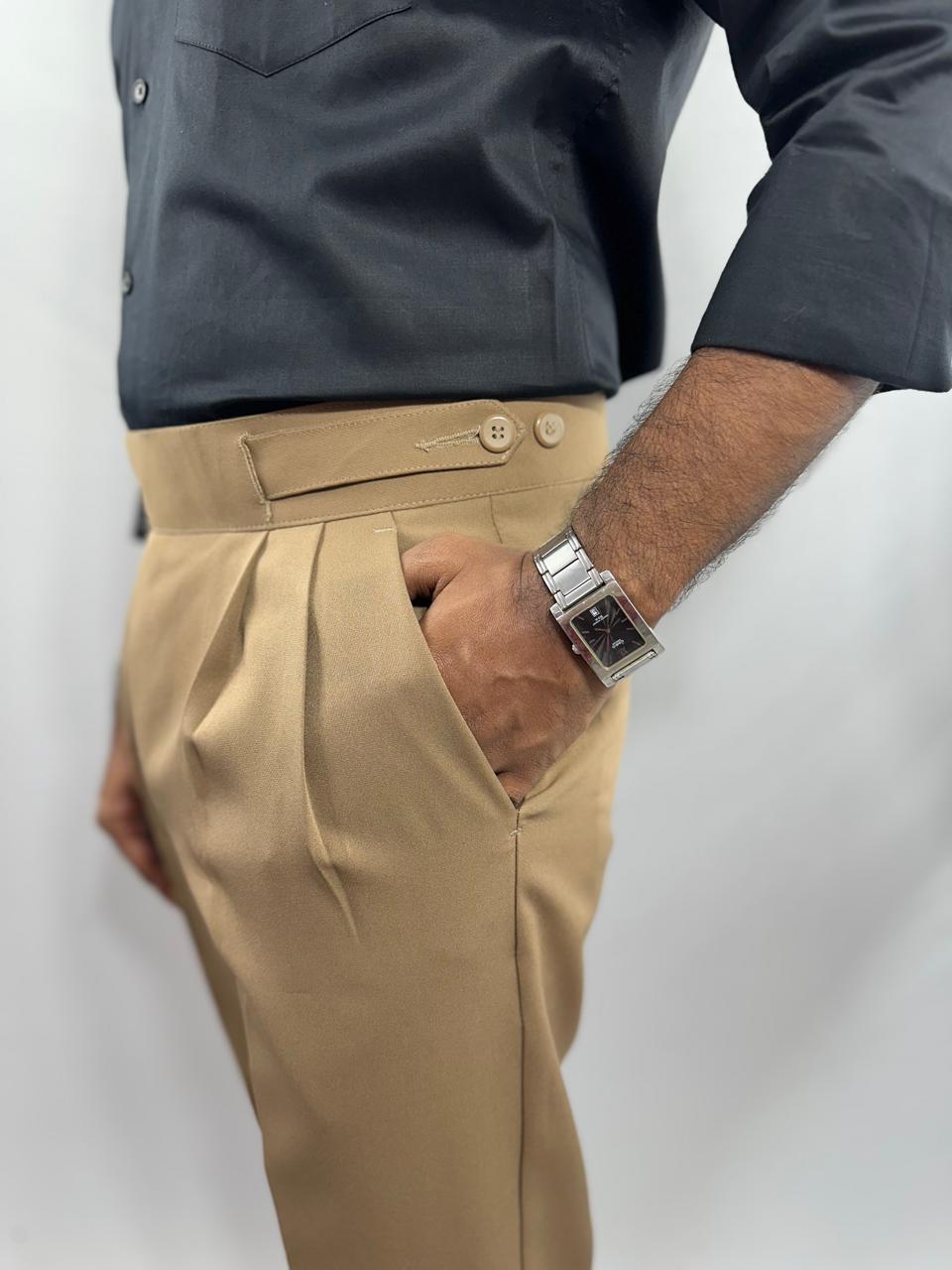Caramel brown double button gurkha pants for men