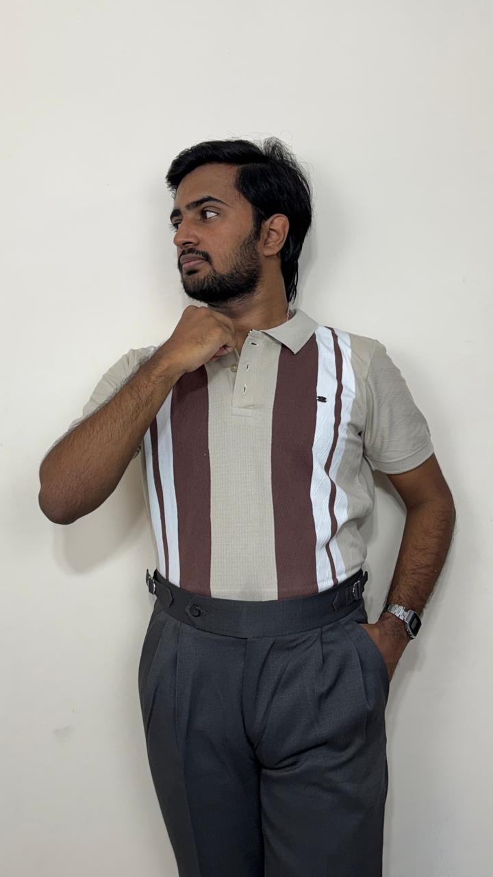 Men’s Beige & brown Knitted Cotton Polo T-Shirt | Premium Vertical Stripe Polo Tee