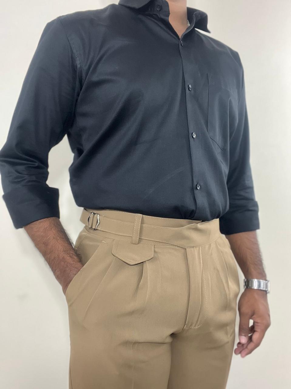 Black fluid shirt & Khaki brown Gurkha pant set