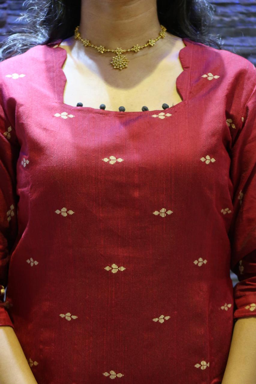 Pure Raw Silk Churidar Set with Kalamkari Dupatta & Pant