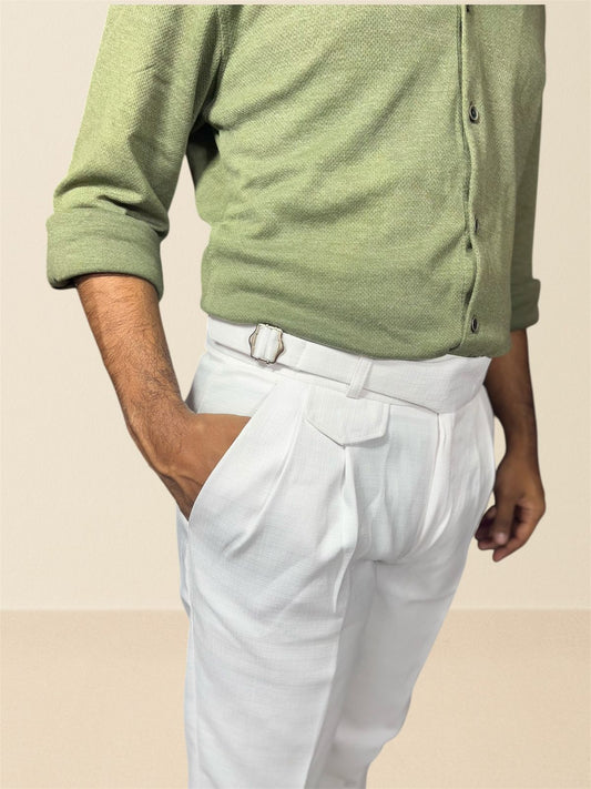 White Linen Textured Gurkha pants for Men