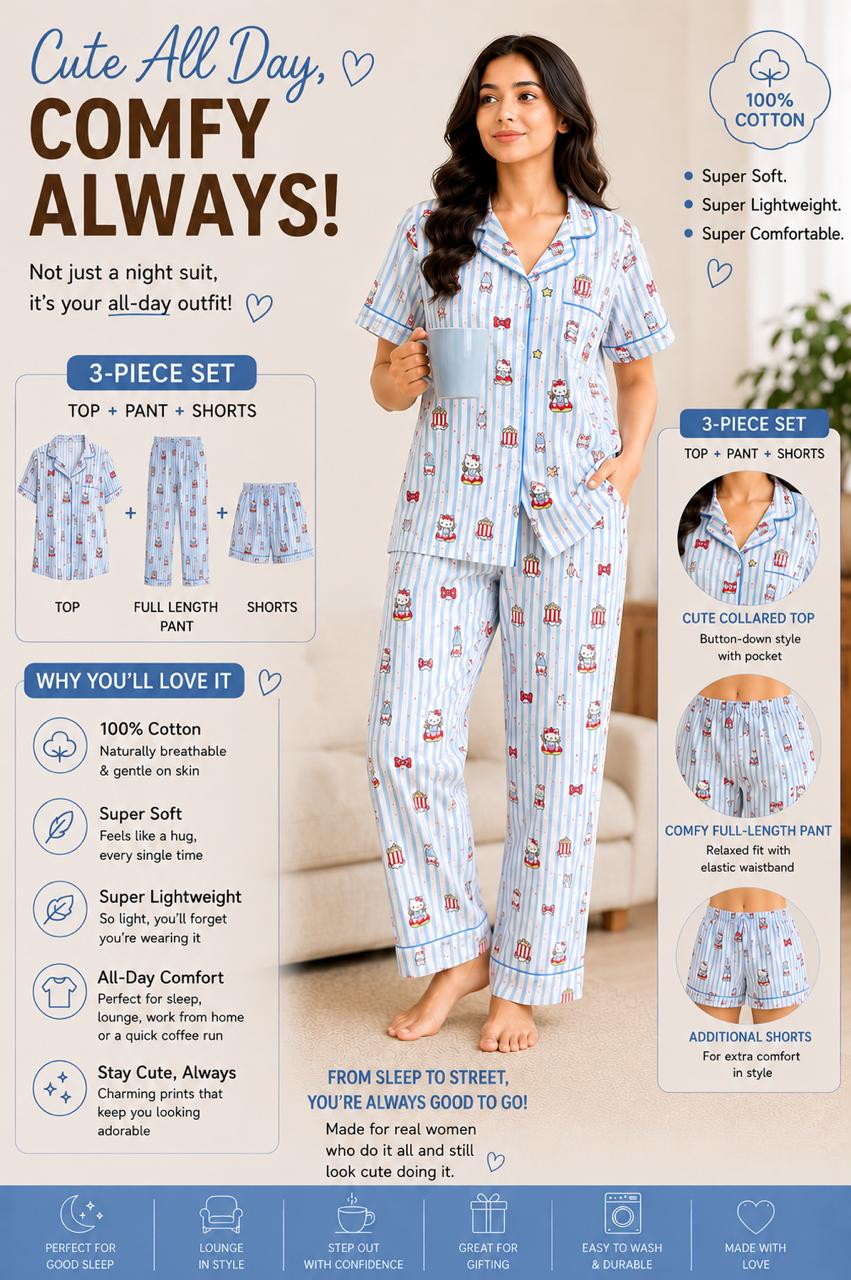 Kitty and Bow Printed Premium 3-Piece Cotton Lounge Set