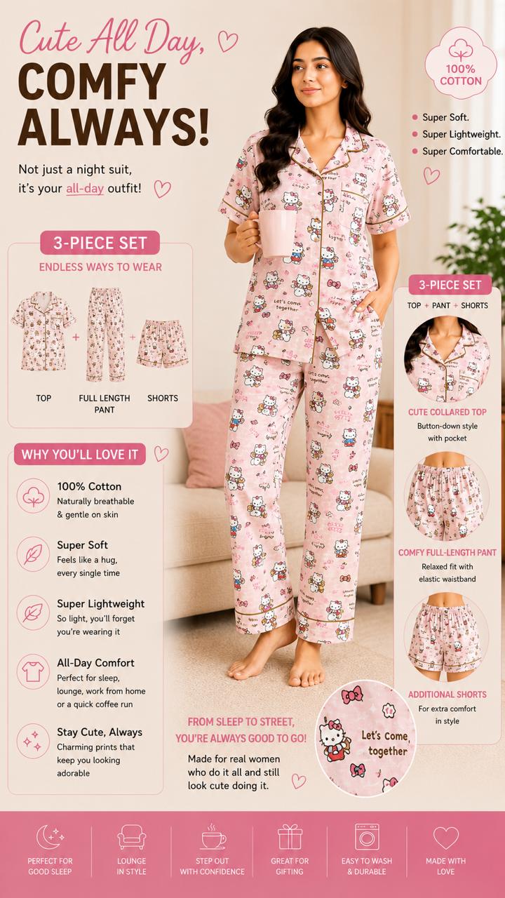 Baby pink Hello kitty Printed Premium 3-Piece Cotton Lounge Set
