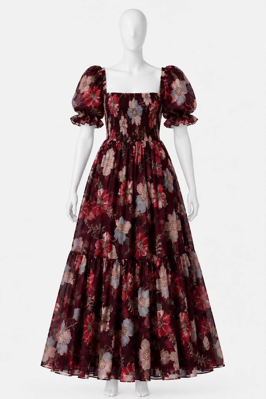 Women's Burgundy floral print sundress with puff sleeves