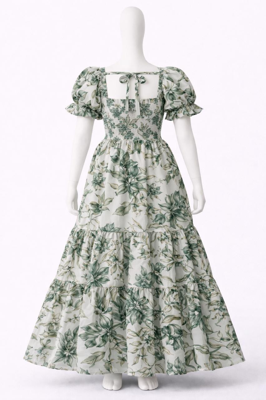 Women's green & white printed sundress with puff sleeves