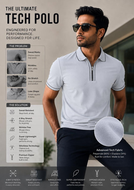 Structured Executive Tech Polo | Ultra-Stretch , Stitchless & Wrinkle-Free Performance T-Shirt