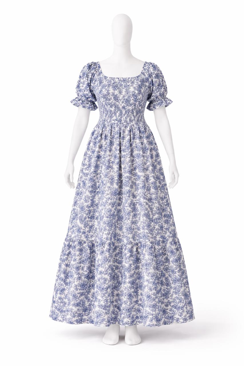 Women's white & blue floral printed sundress with puff sleeves