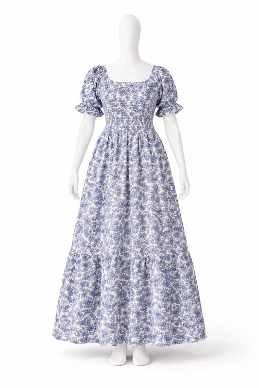 Women's white & blue floral printed sundress with puff sleeves