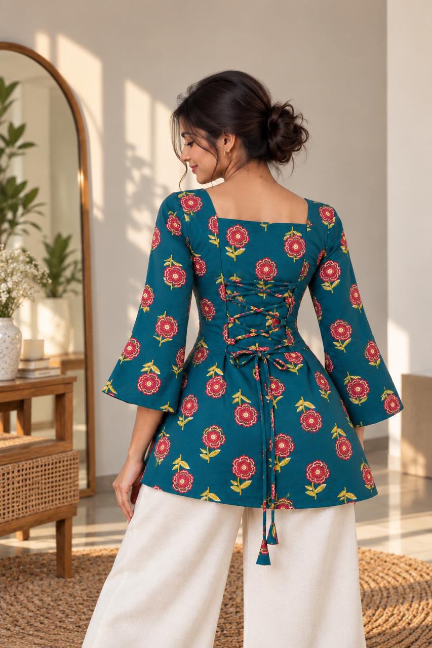 Peacock blue rose printed Premium 100% Pure Cotton Corset Back Knot Short Kurti | Printed Flared Kurti for Women