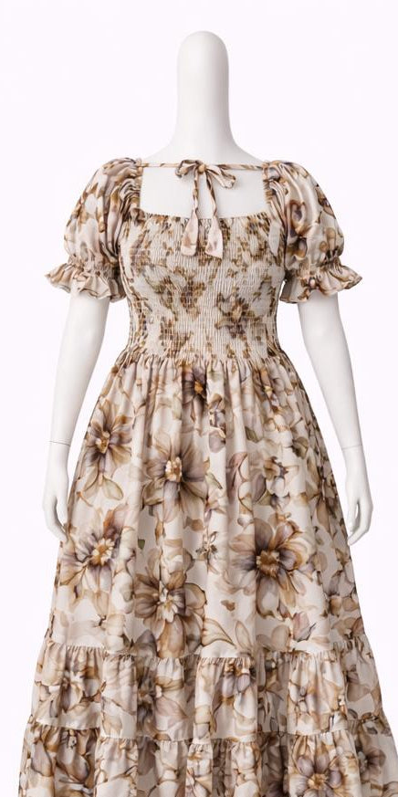 Women's brown printed sundress with puff sleeves
