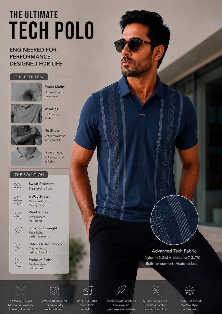 Men's Premium Breathable Navy Blue Tech Polo – Wrinkle-Free Dry-Fit Performance Workwear