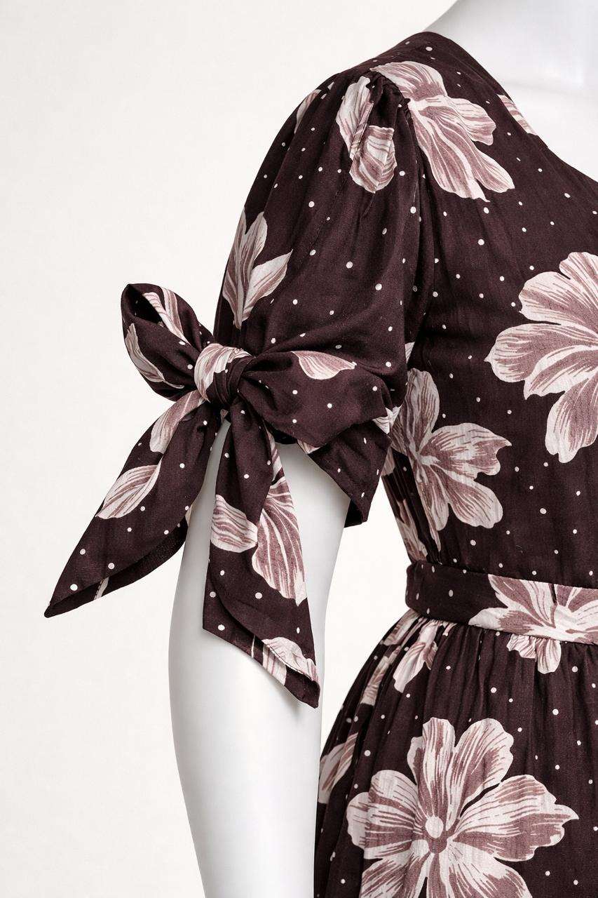 Women's brown floral maxi with puff sleeves tie up dress