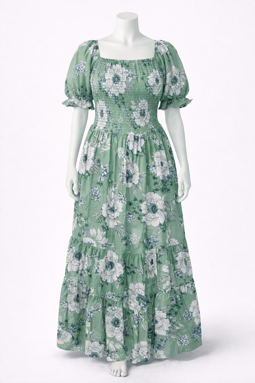 Women's muted green printed sundress with puff sleeves
