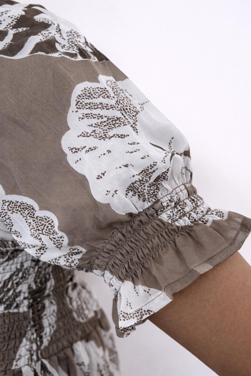 Women's caramel brown printed sundress with puff sleeves