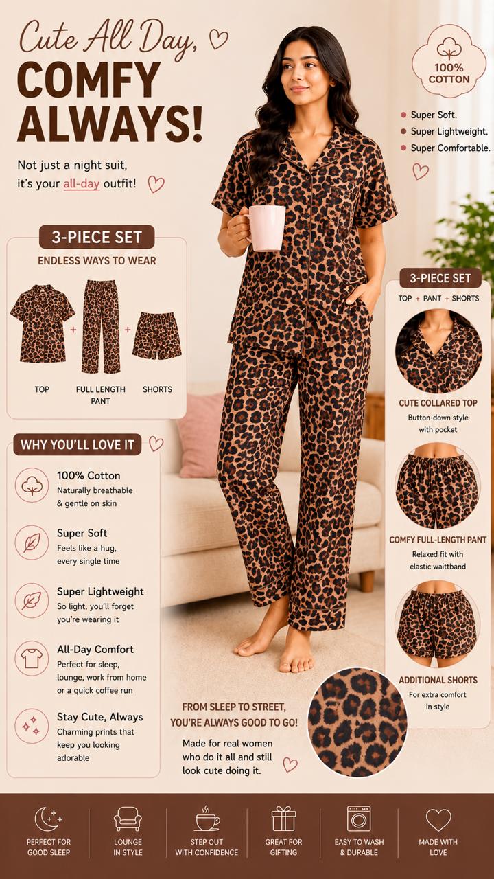 Women's leopard Printed Premium 3-Piece Cotton Lounge Set