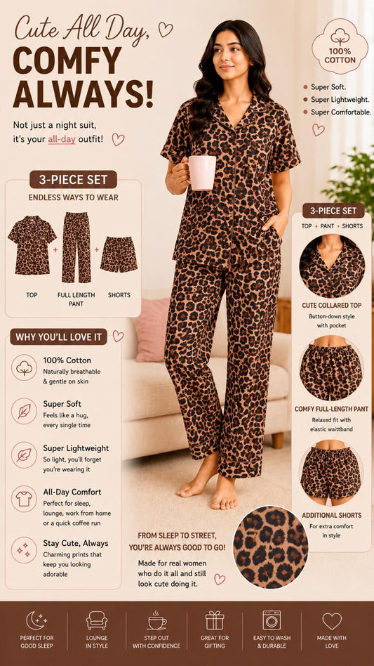 Women's leopard Printed Premium 3-Piece Cotton Lounge Set