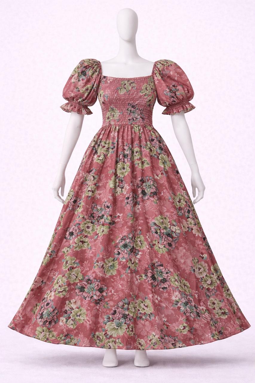 Women's pink floral printed sundress with puff sleeves