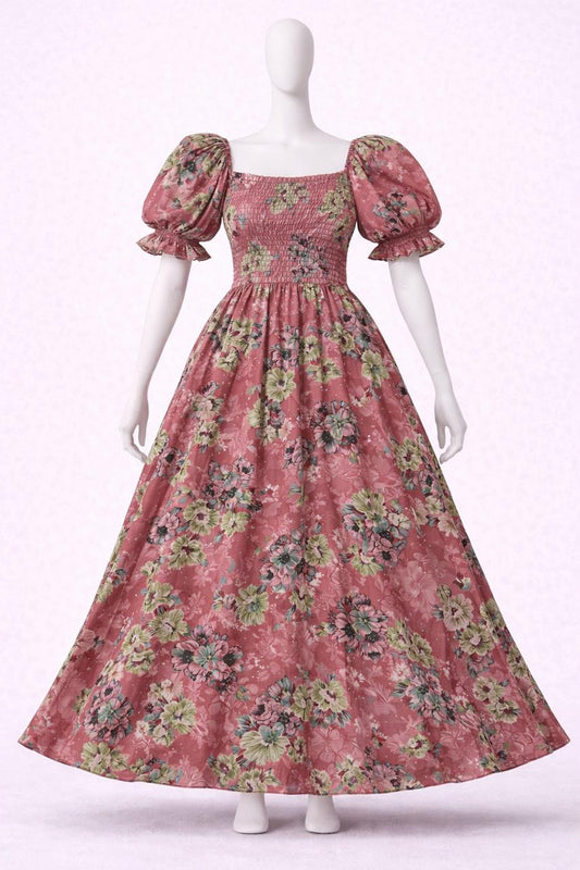 Women's pink floral printed sundress with puff sleeves