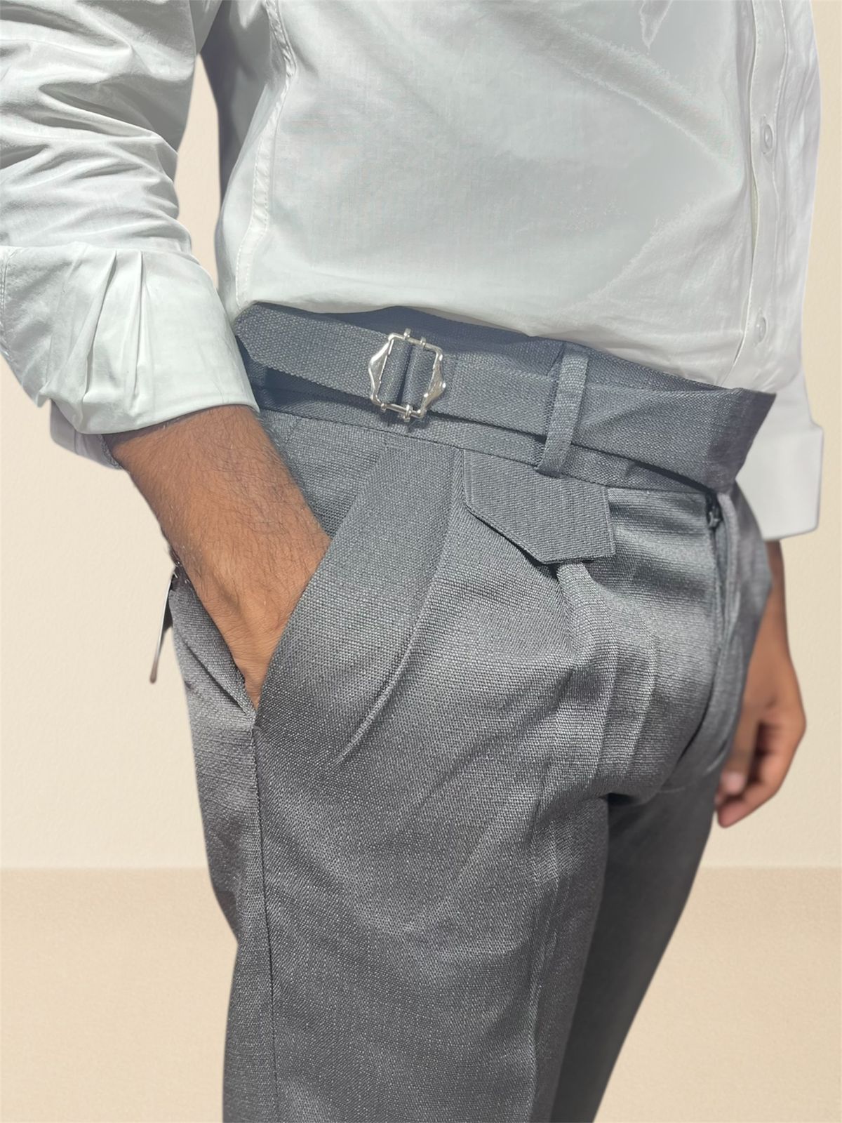 Dark Grey Linen Textured Gurkha Pants for Men