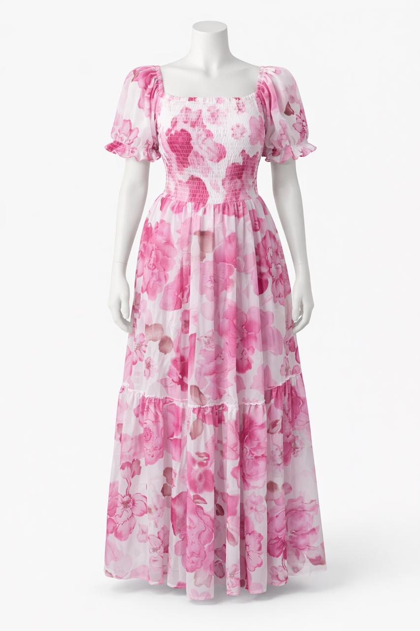 Women's white with pink floral printed sundress with puff sleeves
