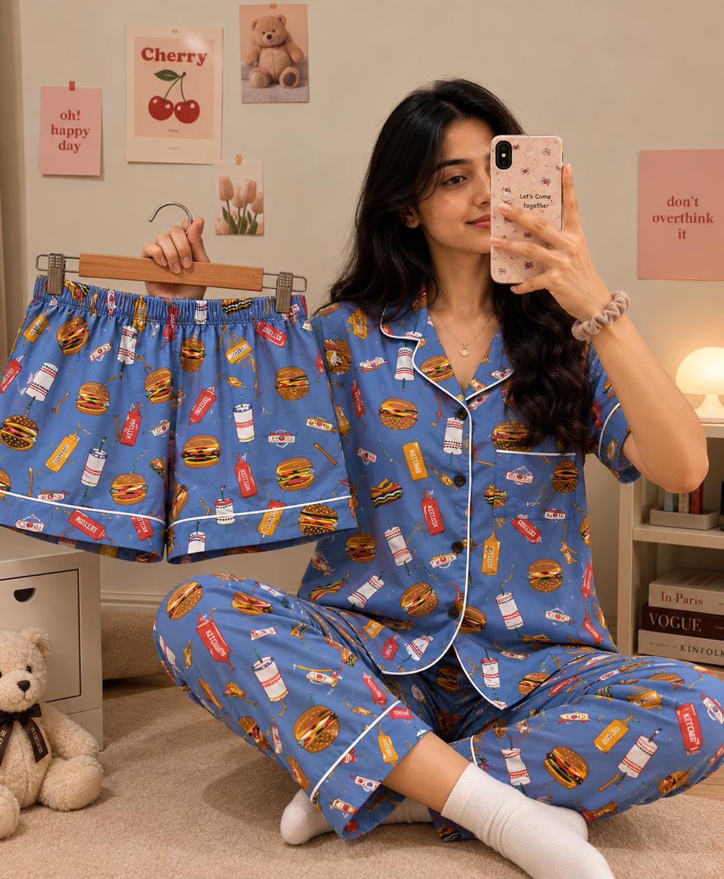 Women's Burger Printed Premium 3-Piece Cotton Lounge Set