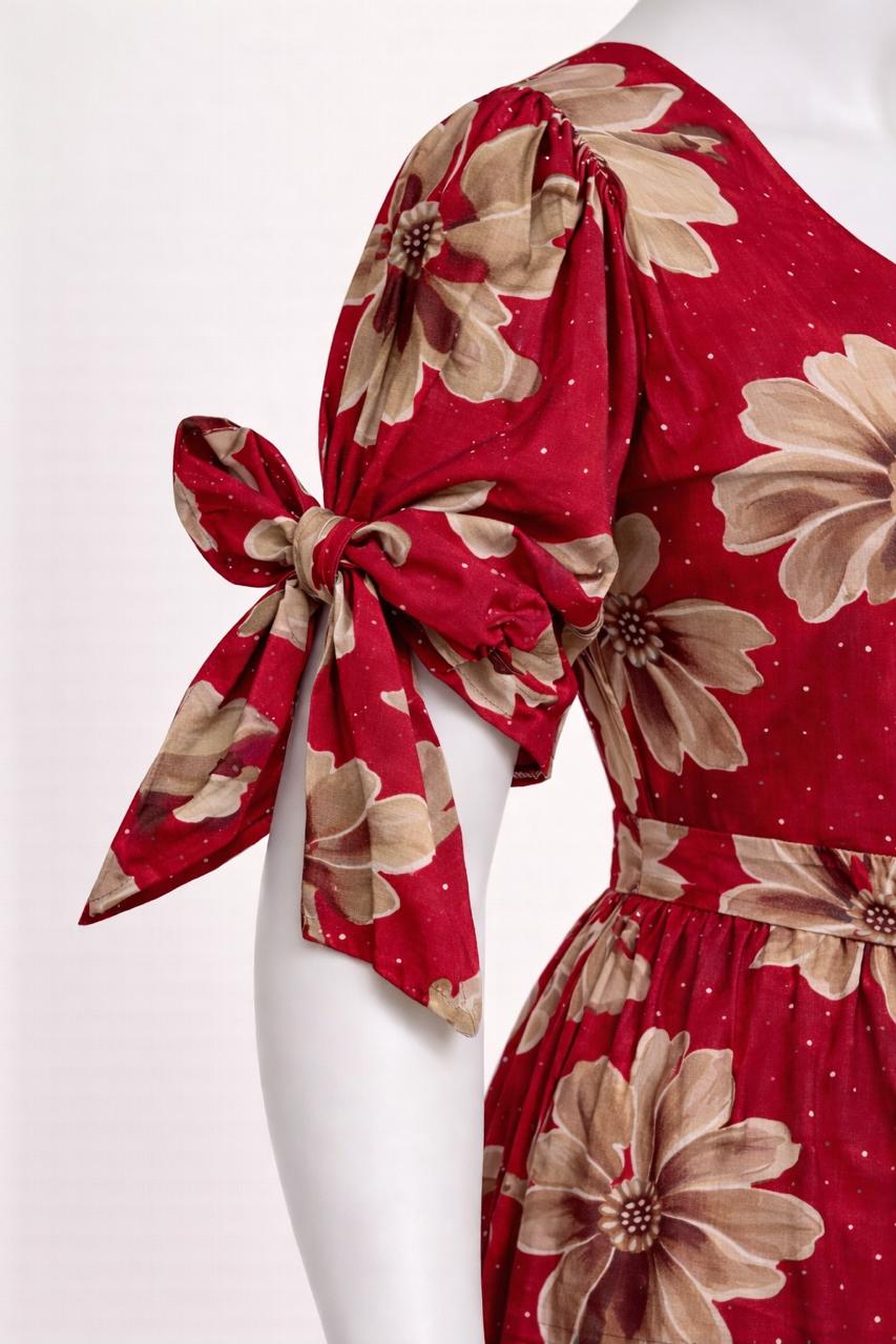 Women's red floral maxi with puff sleeves tie up dress