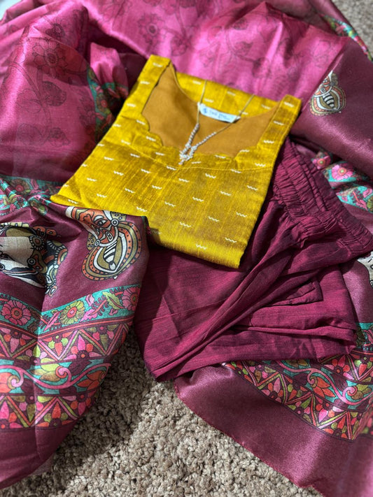 Pure Raw Silk Churidar Set with Kalamkari Dupatta & Pant