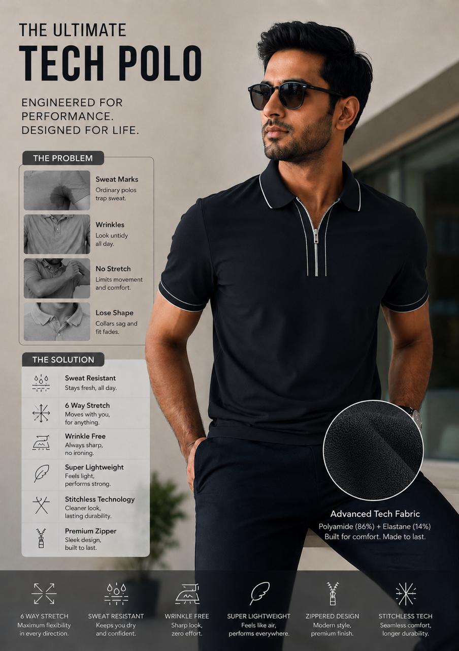 Structured Executive Tech Polo | Ultra-Stretch , Stitchless & Wrinkle-Free Performance T-Shirt